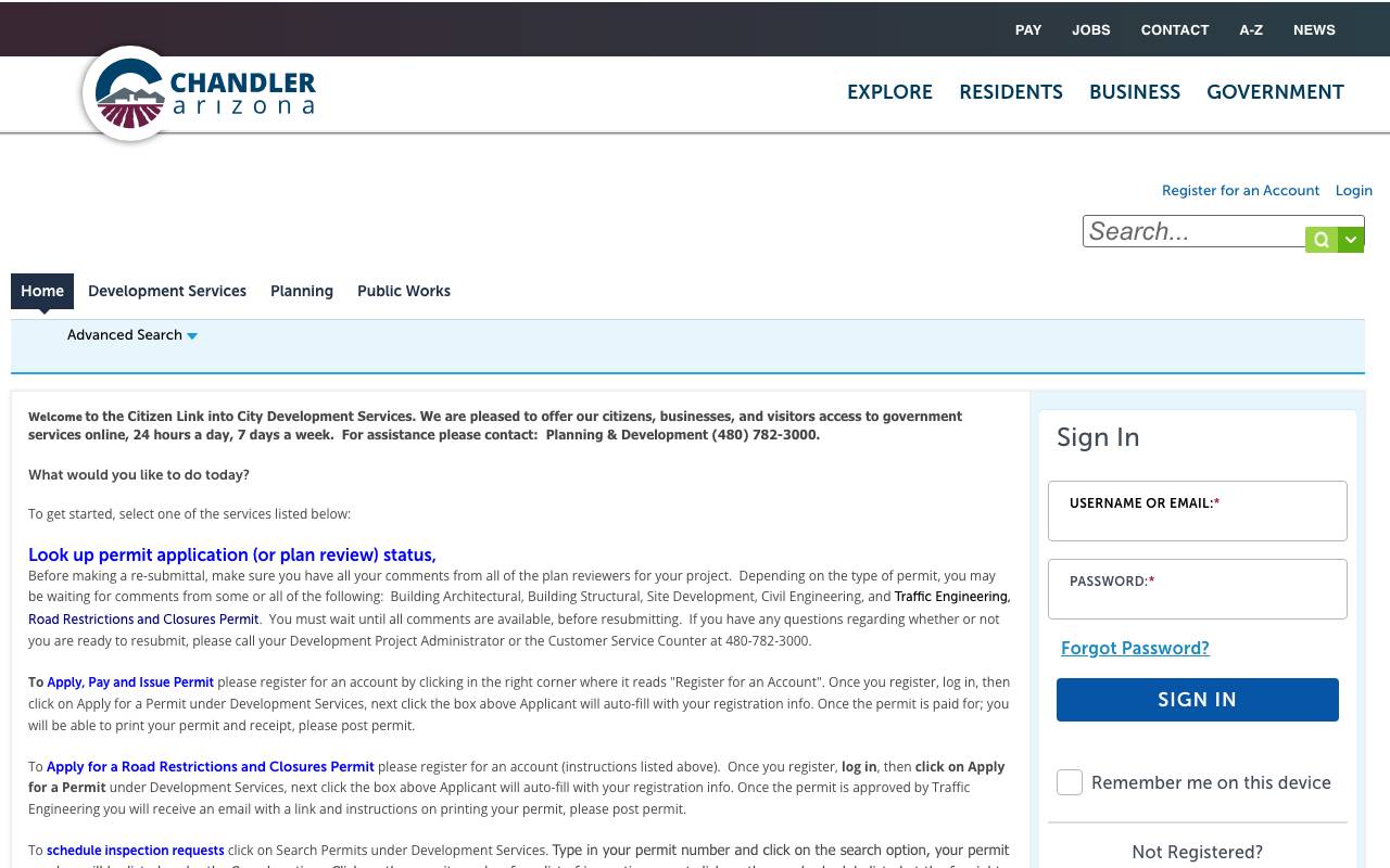 Screenshot of the Chandler permit portal