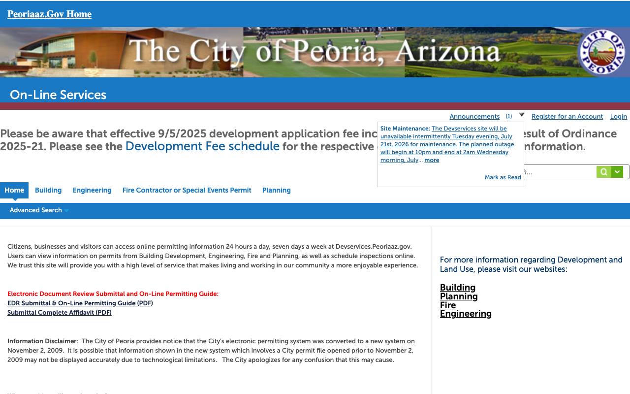 Screenshot of the Peoria permit portal