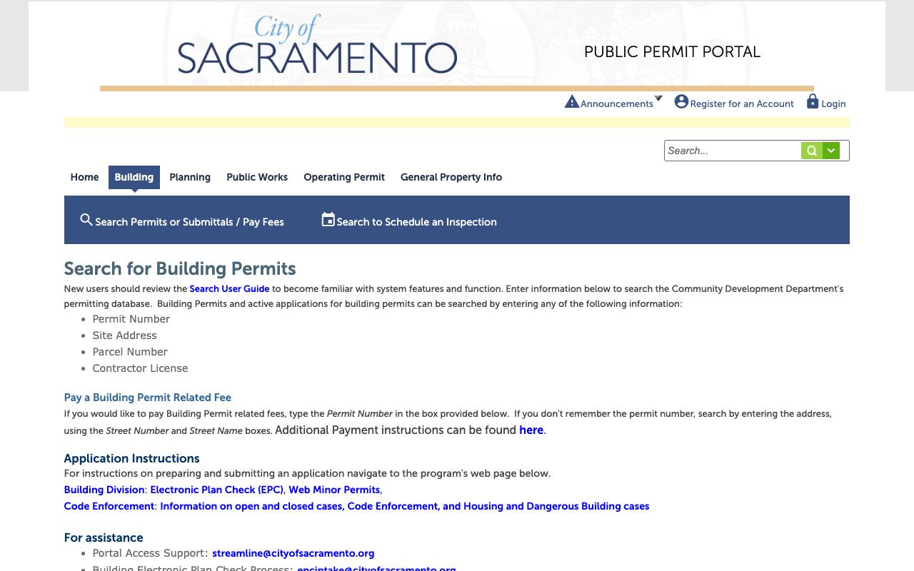 Screenshot of the Sacramento permit portal