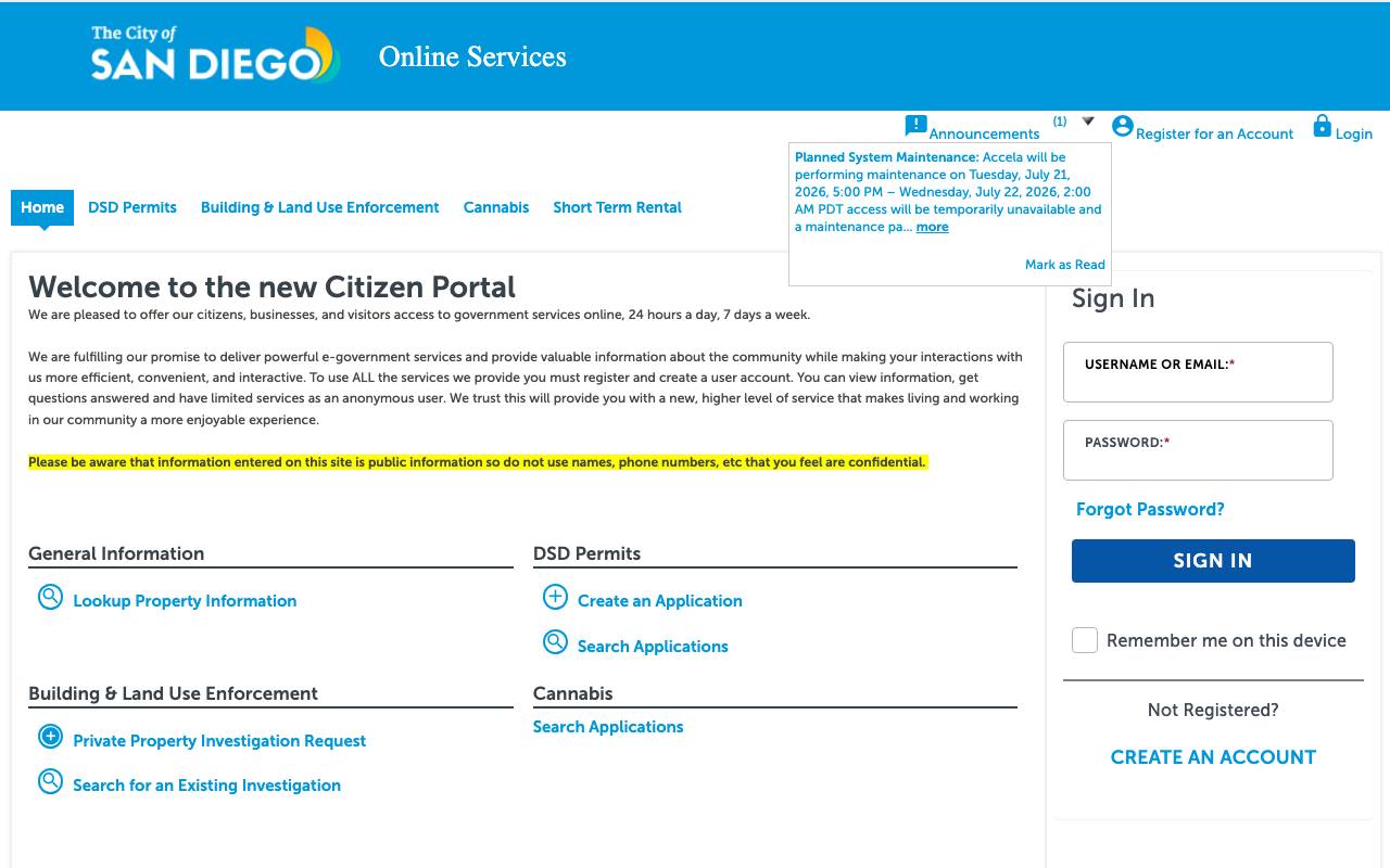 Screenshot of the San Diego permit portal