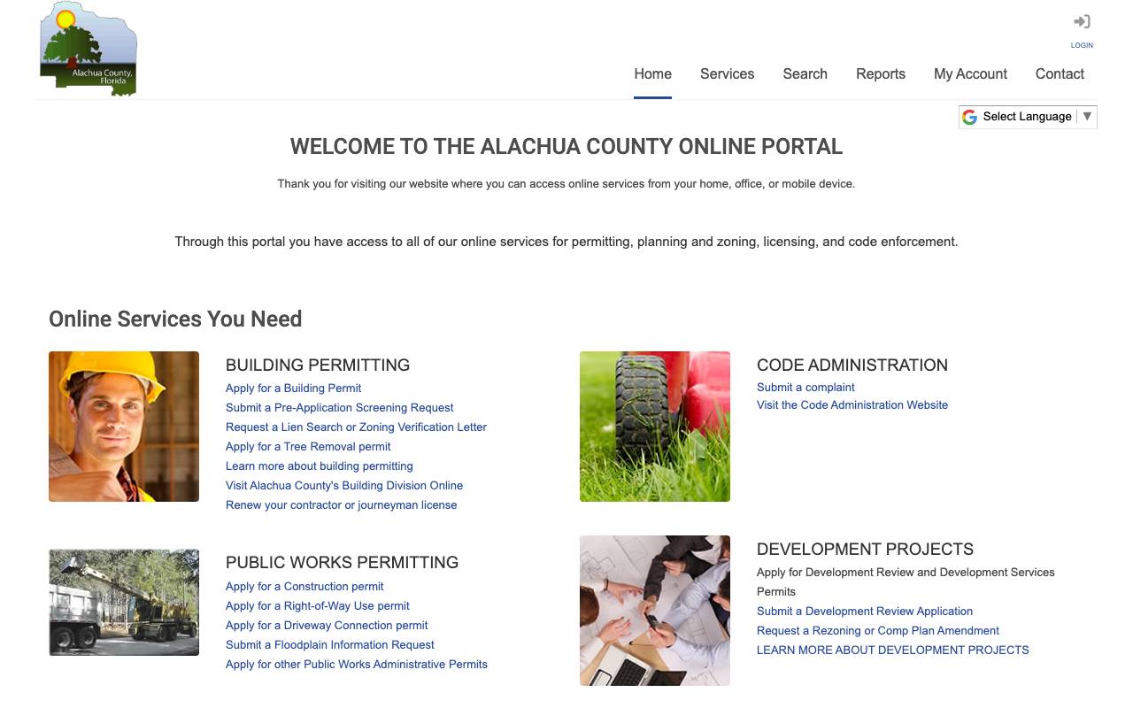 The Alachua County permit portal search screen