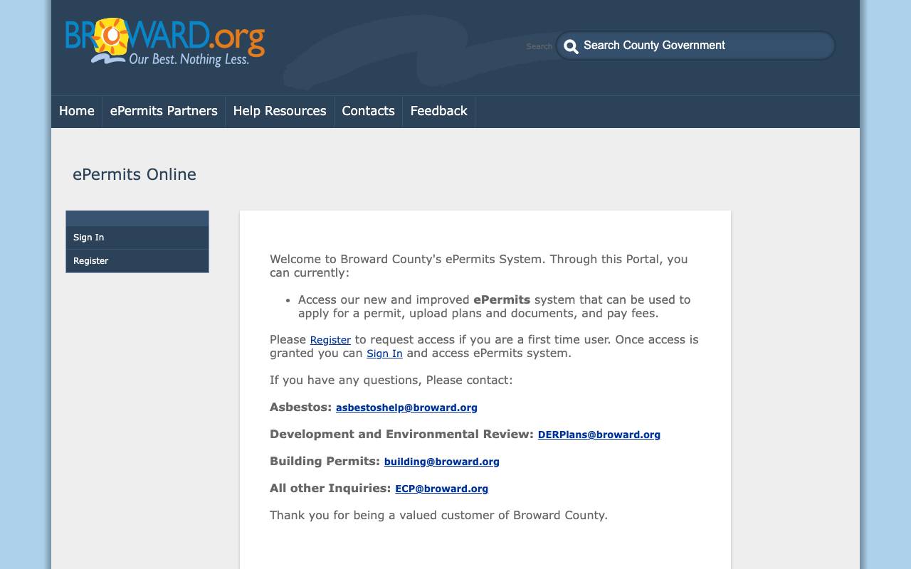 Screenshot of the Broward County permit portal