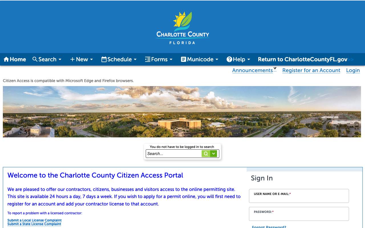 The Charlotte County permit portal search screen