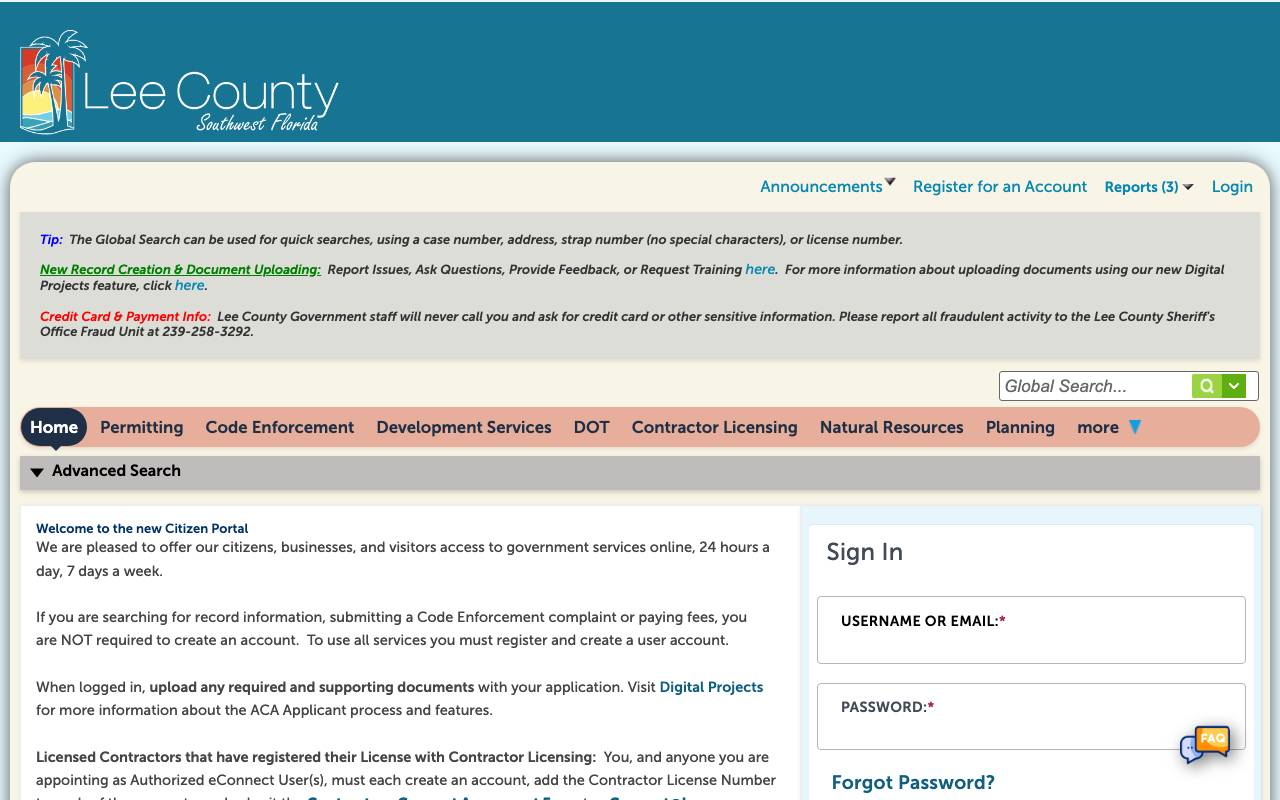 Screenshot of the Lee County permit portal
