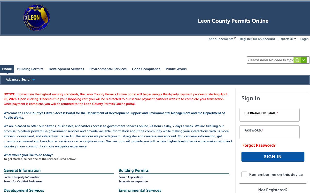 The Leon County permit portal search screen