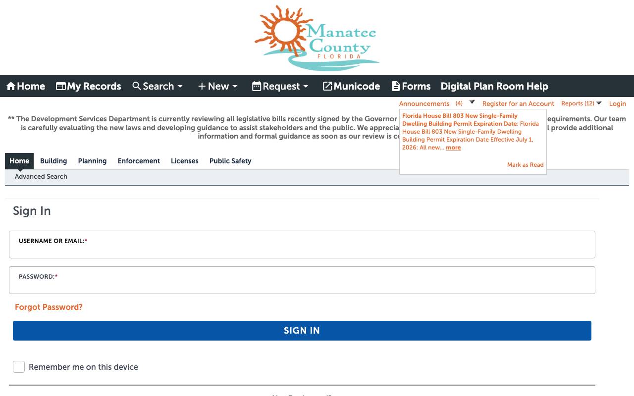 The Manatee County permit portal search screen