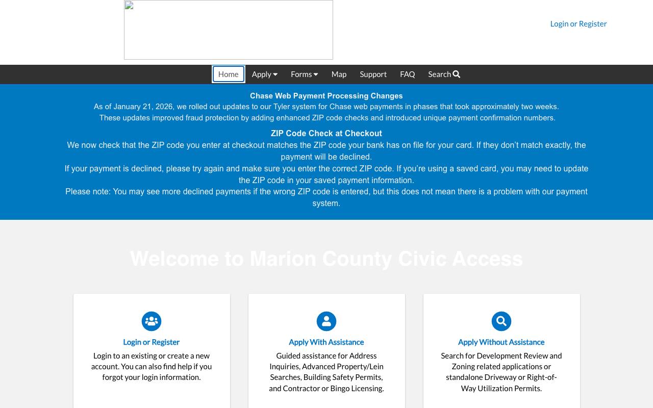 The Marion County permit portal search screen