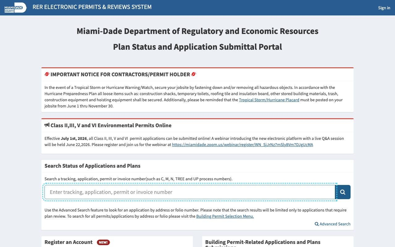 Screenshot of the Miami-Dade County permit portal