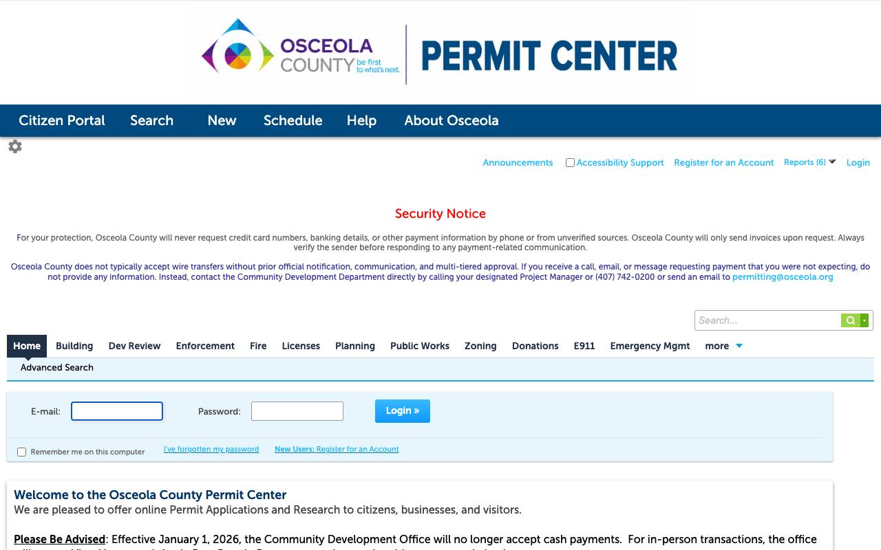 The Osceola County permit portal search screen