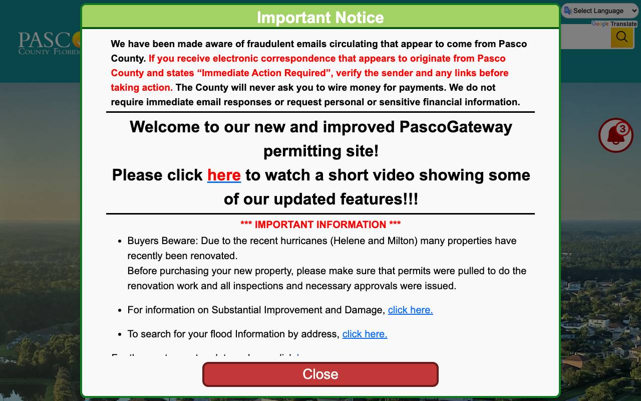 Screenshot of the Pasco County permit portal