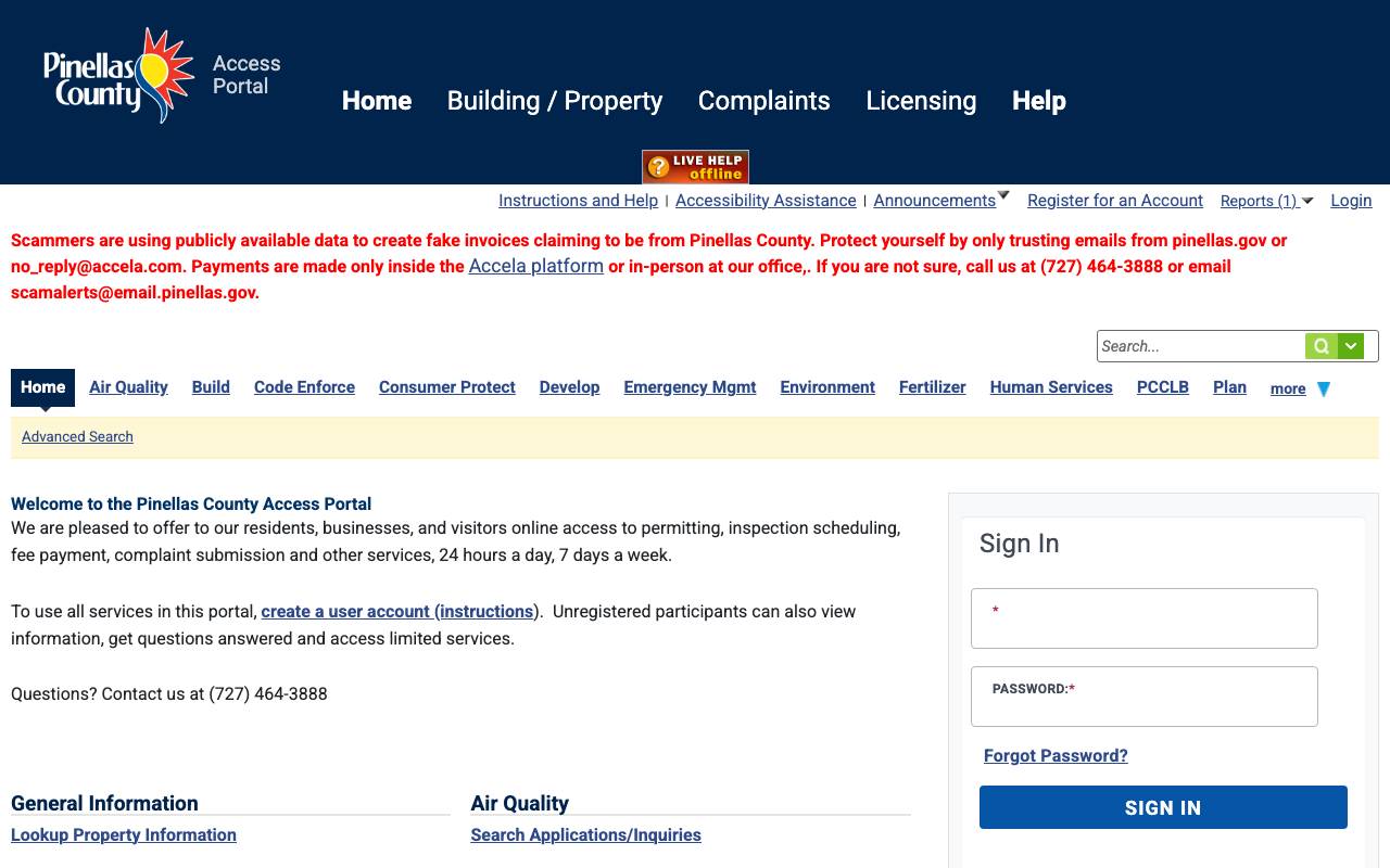 Screenshot of the Pinellas County permit portal