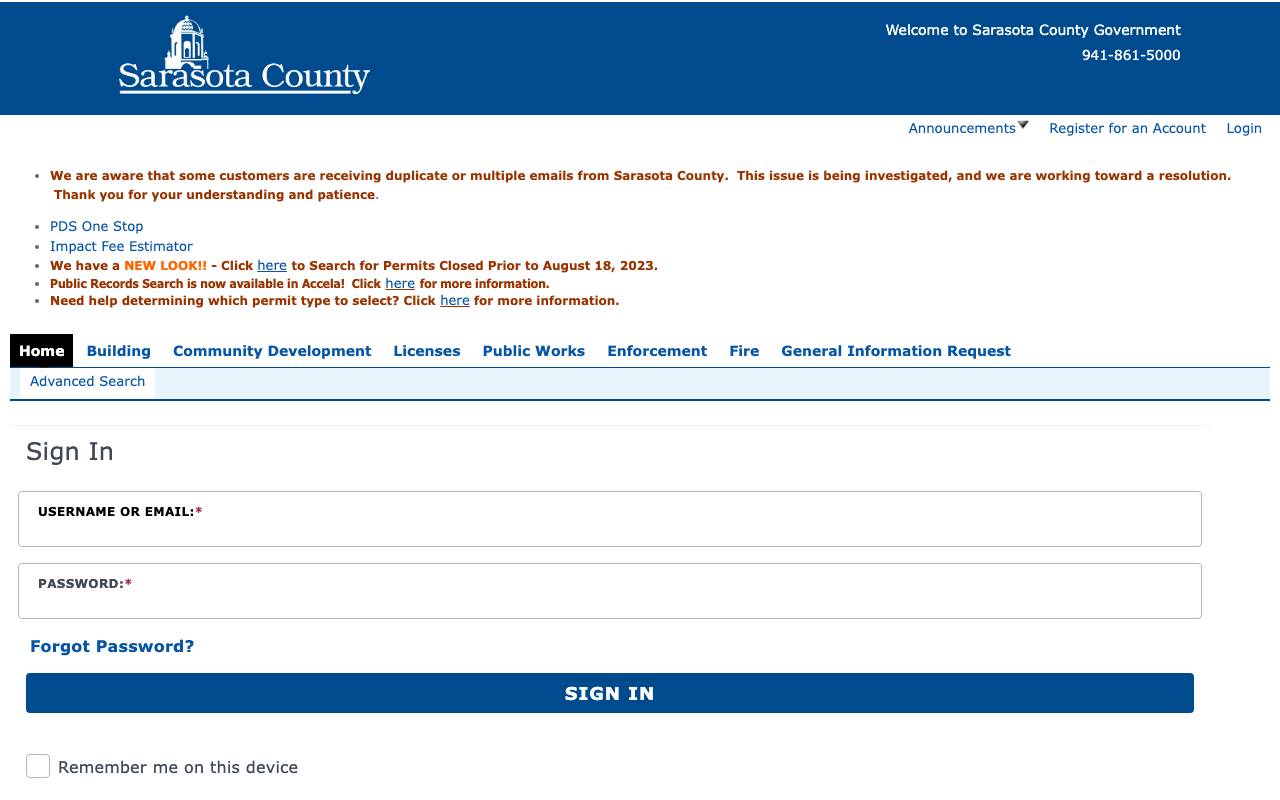 The Sarasota County permit portal search screen