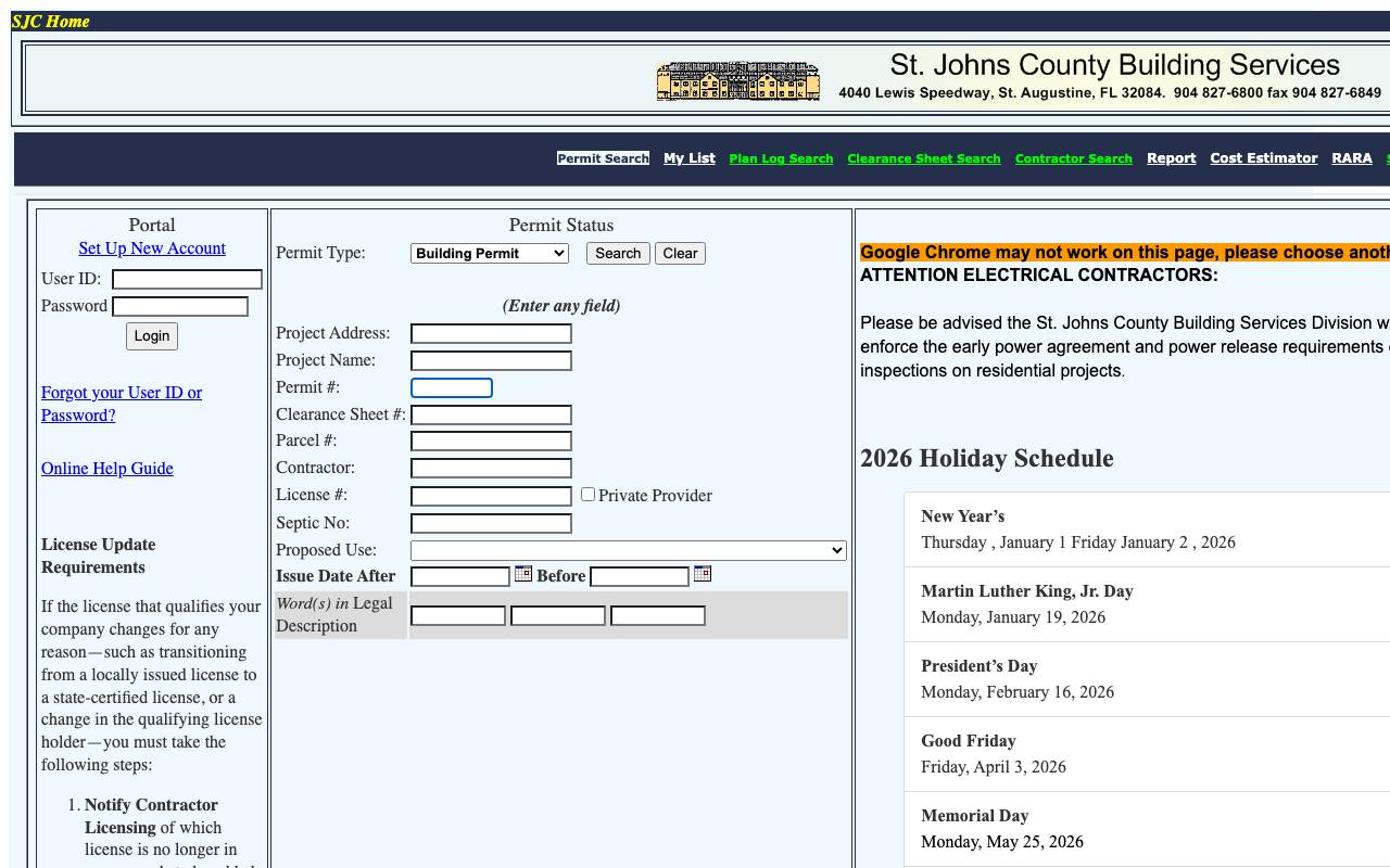 The St. Johns County permit portal search screen