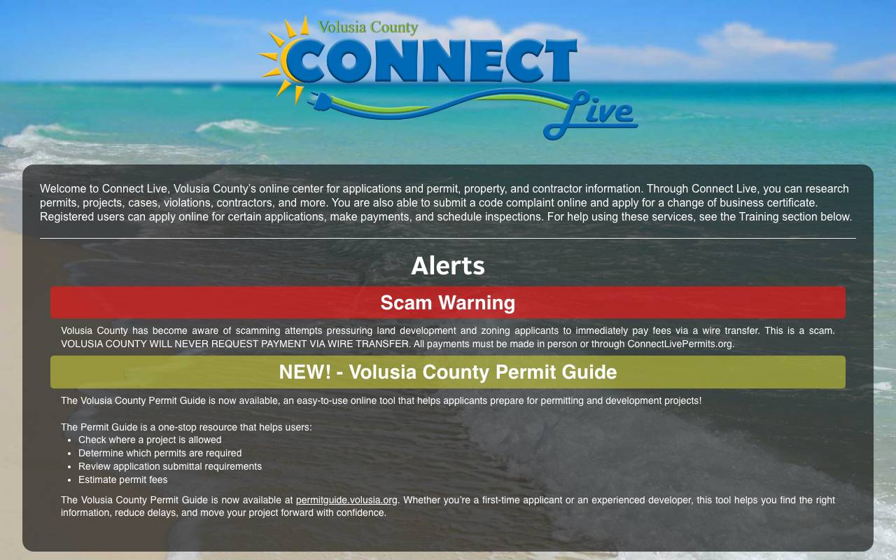 The Volusia County permit portal search screen