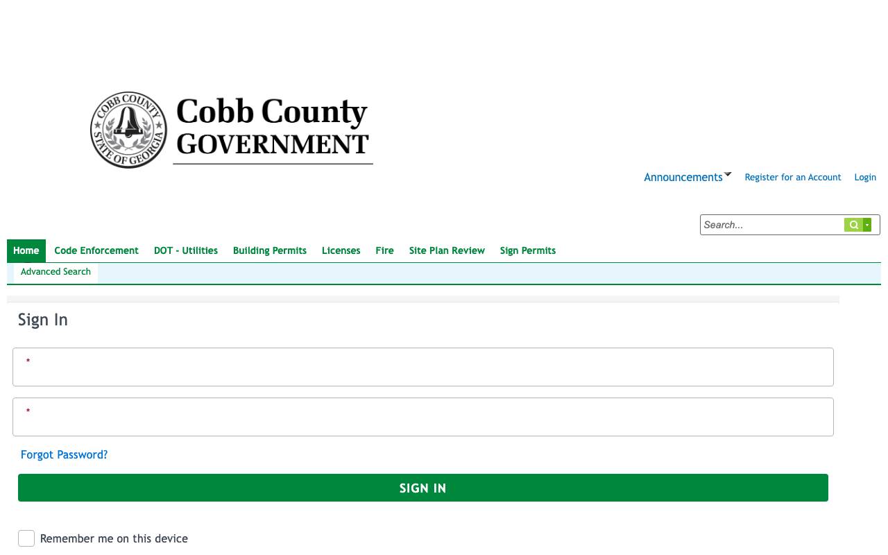 Screenshot of the Cobb County permit portal