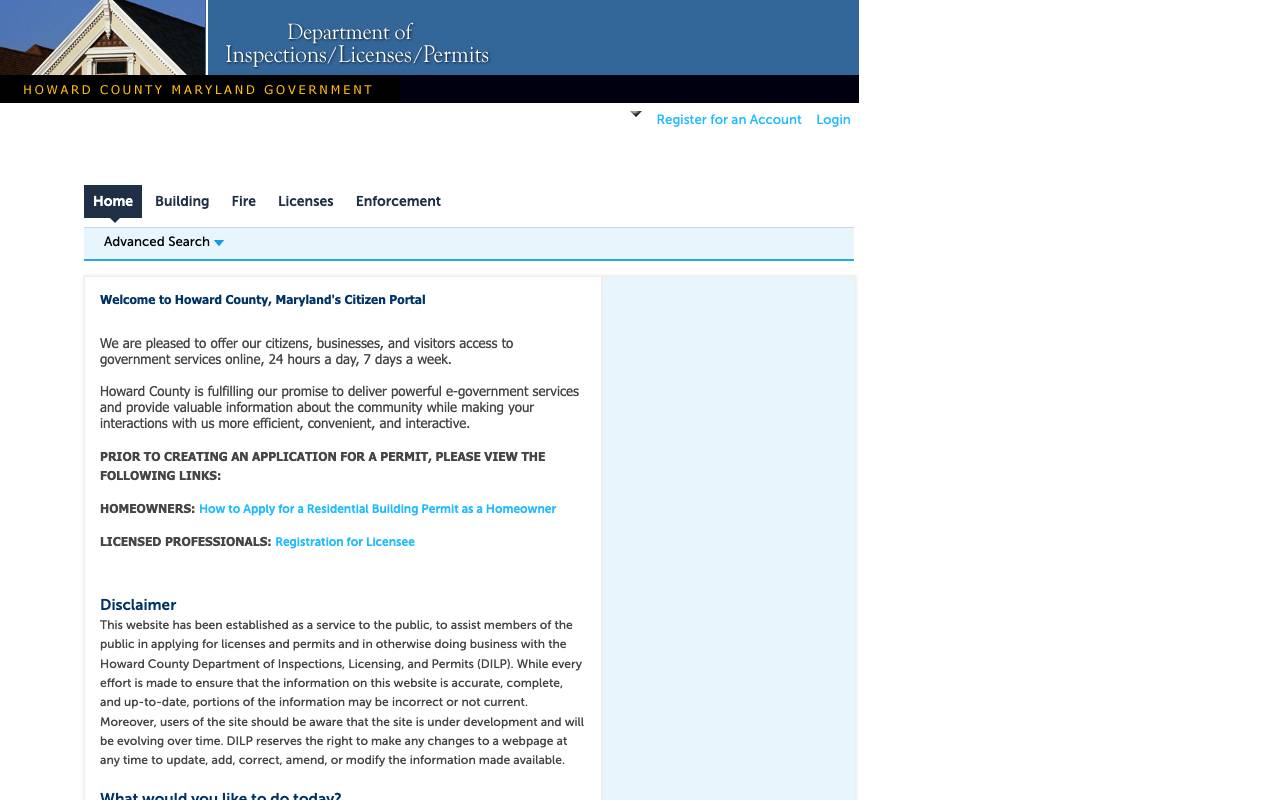 Screenshot of the Howard County permit portal