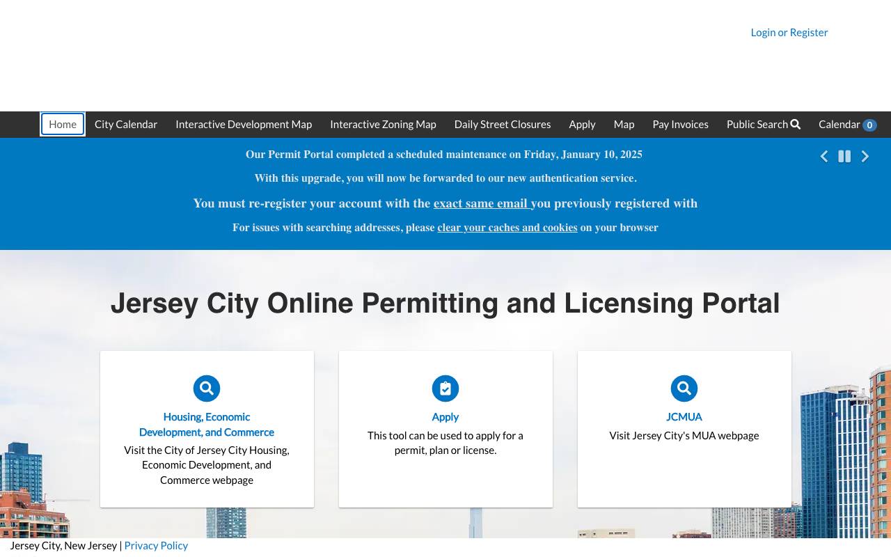 Screenshot of the Jersey City permit portal