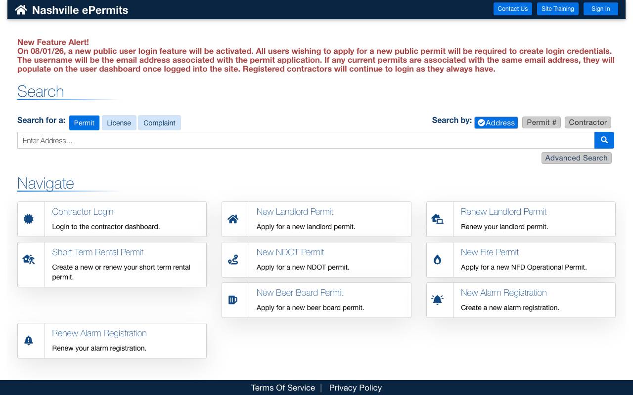 Screenshot of the Nashville permit portal