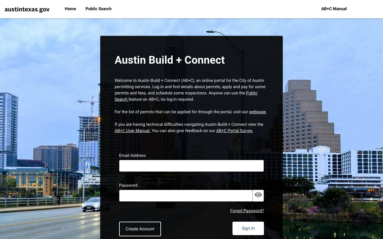 Screenshot of the Austin permit portal