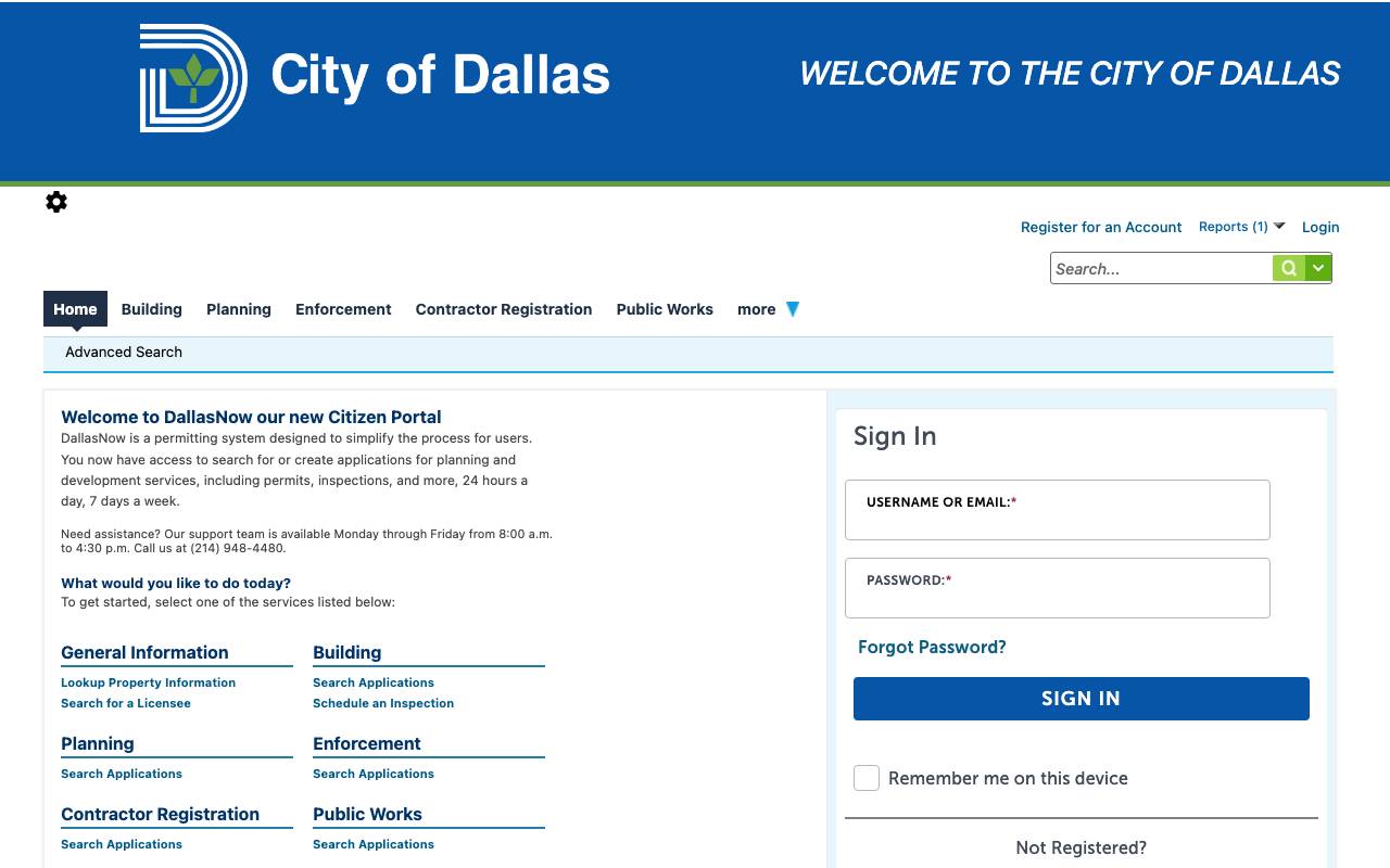 Screenshot of the Dallas permit portal