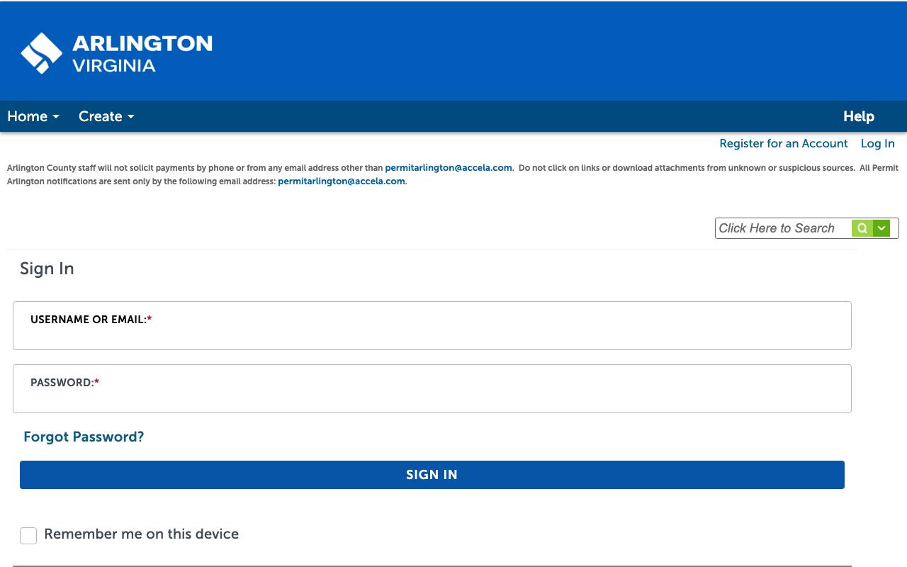 Screenshot of the Arlington County permit portal