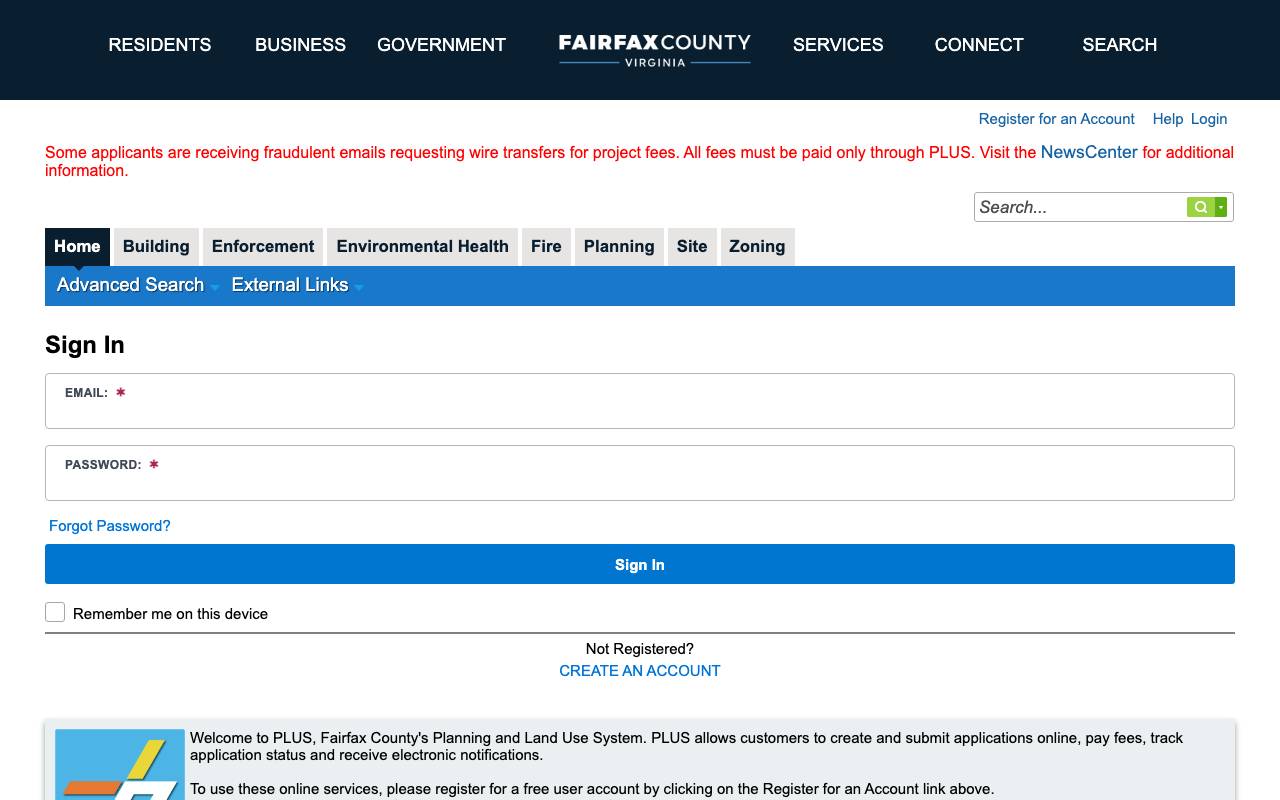 Screenshot of the Fairfax County permit portal