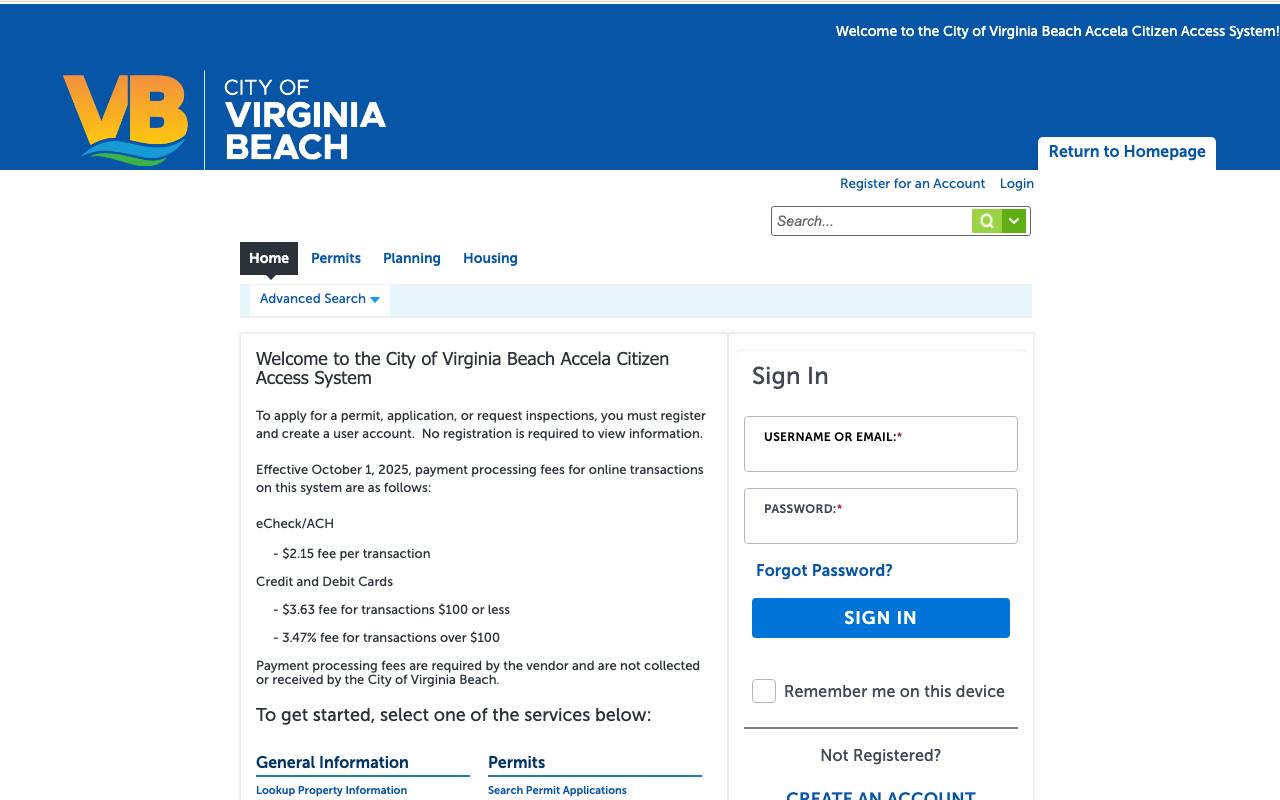 Screenshot of the Virginia Beach permit portal
