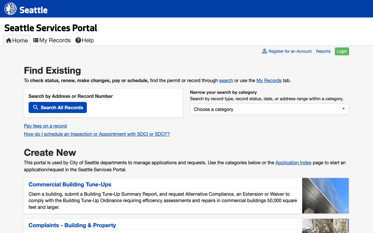 Screenshot of the Seattle permit portal