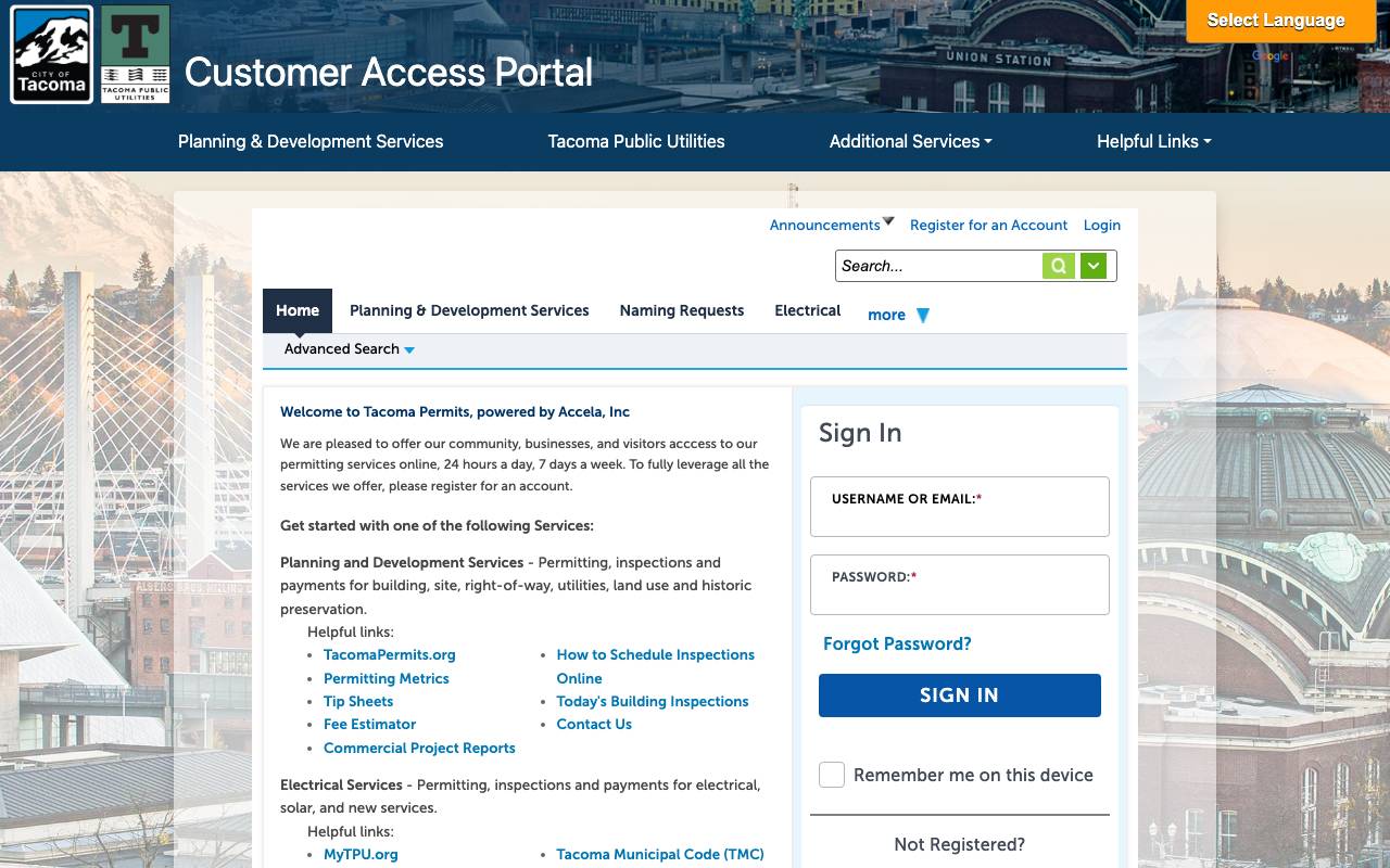 Screenshot of the Tacoma permit portal